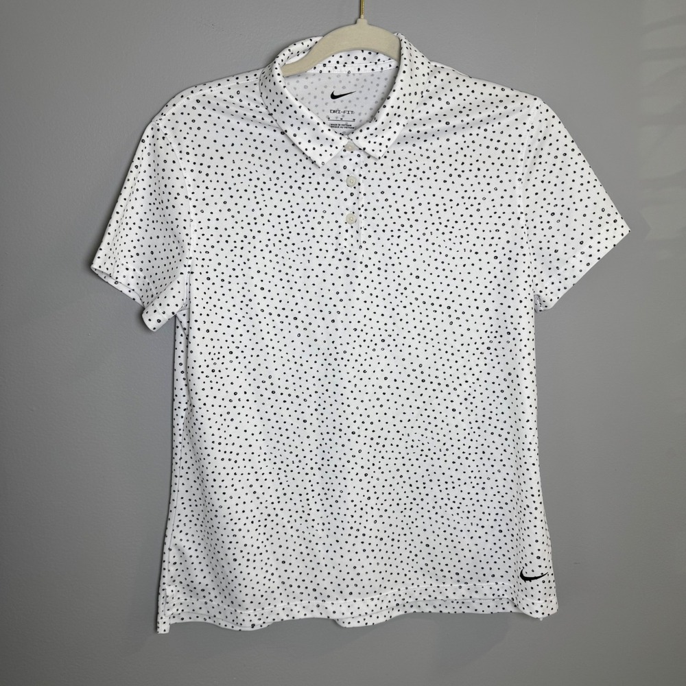 Nike Womens Dri-FIT Polka Dot Golf Polo Shirt White Black Size M Short Sleeve - Picture 1 of 7